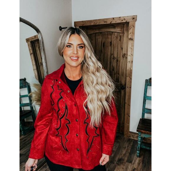 Lucky & Blessed Red Suede Boot Stitch Studded Jacket Western Rodeo NFR~NEW - Picture 1 of 16